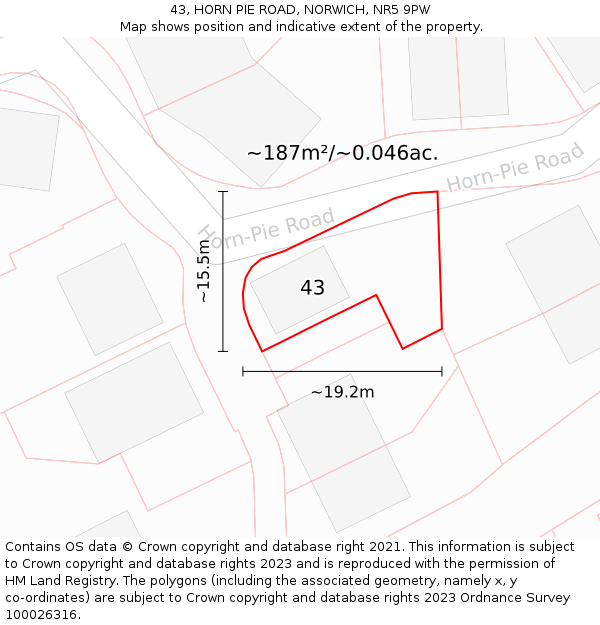 43, HORN PIE ROAD, NORWICH, NR5 9PW: Plot and title map