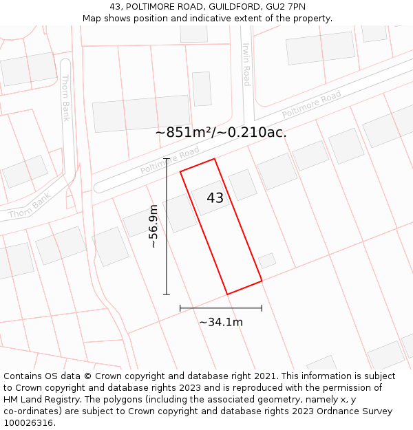 43, POLTIMORE ROAD, GUILDFORD, GU2 7PN: Plot and title map