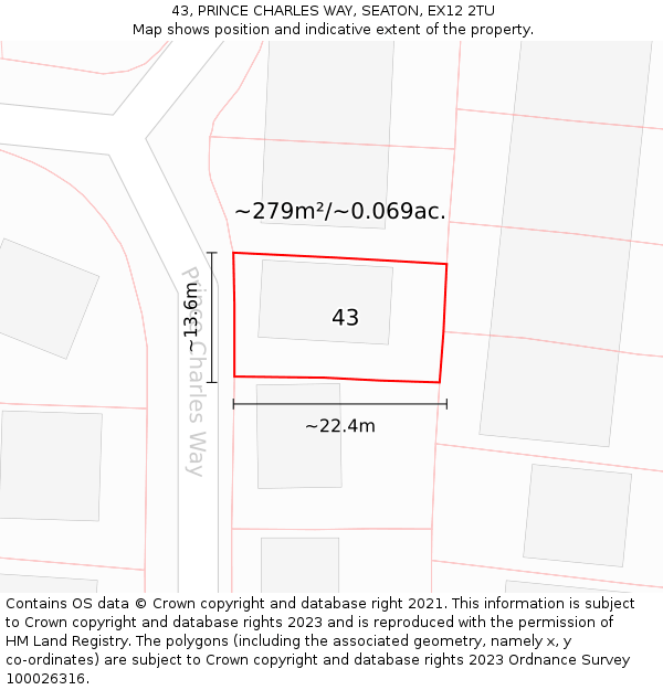 43, PRINCE CHARLES WAY, SEATON, EX12 2TU: Plot and title map