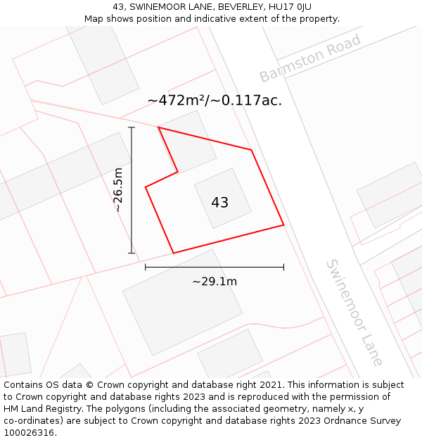 43, SWINEMOOR LANE, BEVERLEY, HU17 0JU: Plot and title map