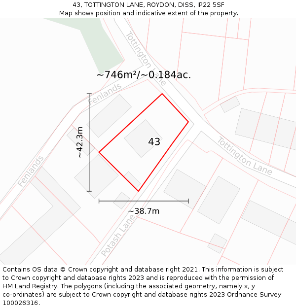 43, TOTTINGTON LANE, ROYDON, DISS, IP22 5SF: Plot and title map