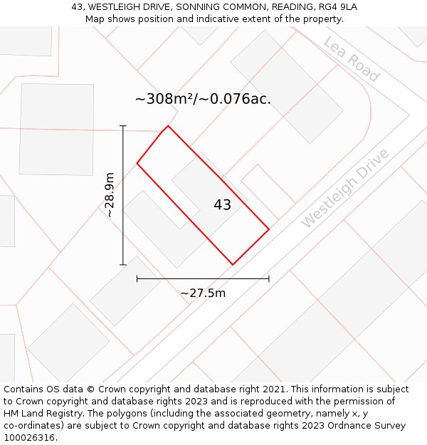 43, WESTLEIGH DRIVE, SONNING COMMON, READING, RG4 9LA: Plot and title map