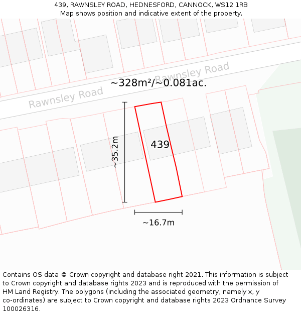 439, RAWNSLEY ROAD, HEDNESFORD, CANNOCK, WS12 1RB: Plot and title map