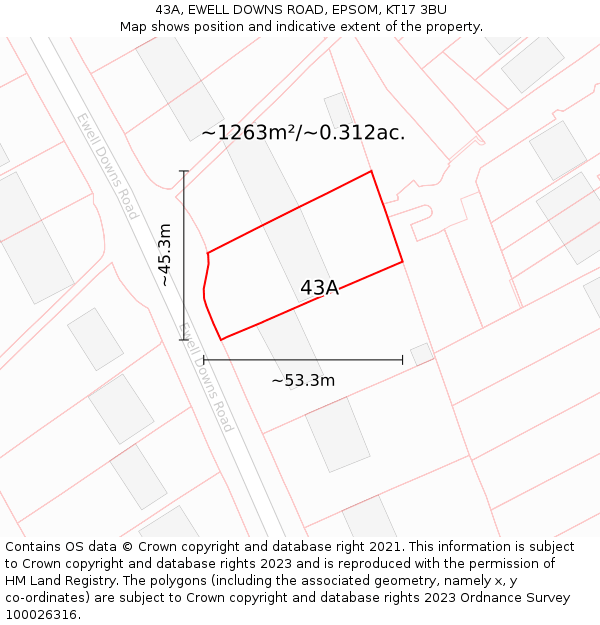 43A, EWELL DOWNS ROAD, EPSOM, KT17 3BU: Plot and title map