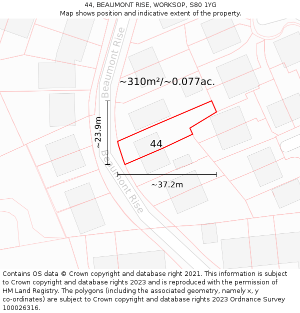 44, BEAUMONT RISE, WORKSOP, S80 1YG: Plot and title map