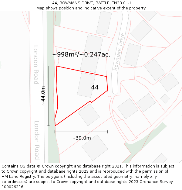 44, BOWMANS DRIVE, BATTLE, TN33 0LU: Plot and title map