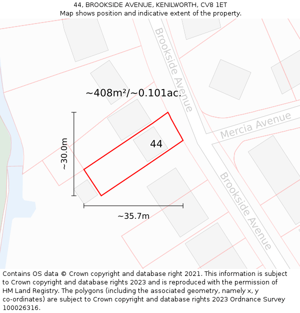 44, BROOKSIDE AVENUE, KENILWORTH, CV8 1ET: Plot and title map