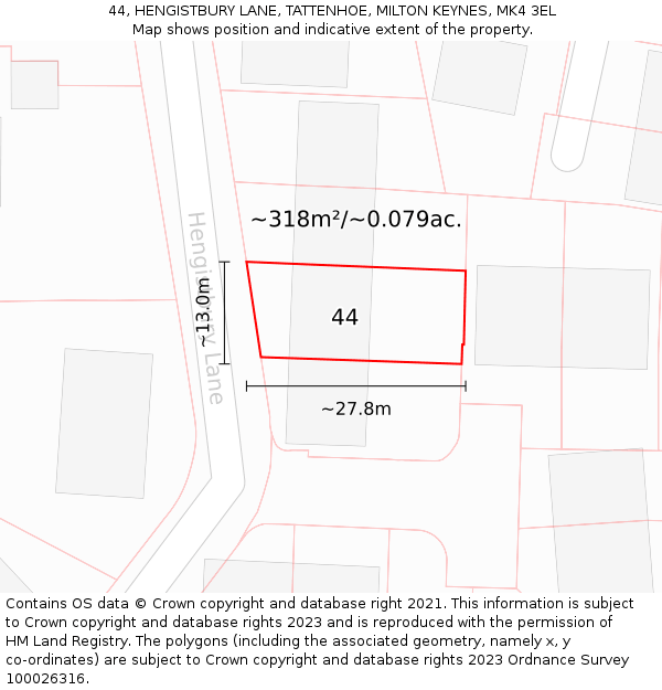 44, HENGISTBURY LANE, TATTENHOE, MILTON KEYNES, MK4 3EL: Plot and title map