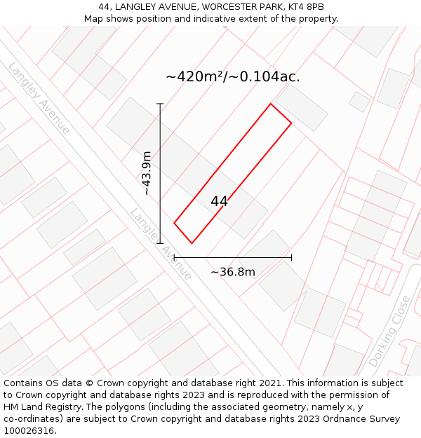 44, LANGLEY AVENUE, WORCESTER PARK, KT4 8PB: Plot and title map