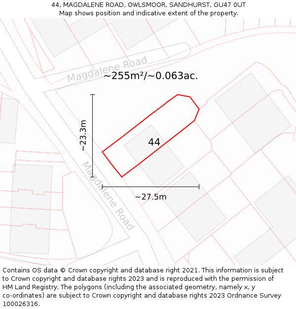 44, MAGDALENE ROAD, OWLSMOOR, SANDHURST, GU47 0UT: Plot and title map