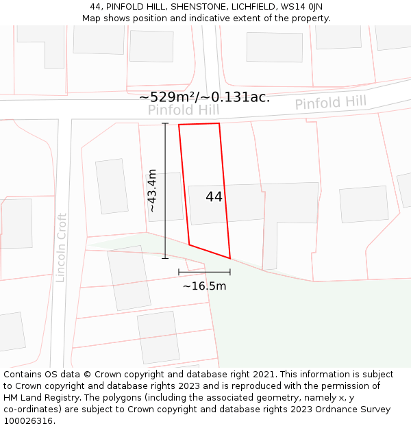 44, PINFOLD HILL, SHENSTONE, LICHFIELD, WS14 0JN: Plot and title map