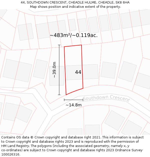 44, SOUTHDOWN CRESCENT, CHEADLE HULME, CHEADLE, SK8 6HA: Plot and title map