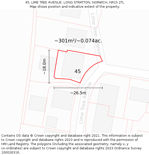 45, LIME TREE AVENUE, LONG STRATTON, NORWICH, NR15 2TL: Plot and title map