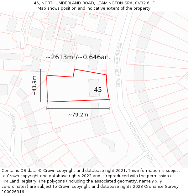 45, NORTHUMBERLAND ROAD, LEAMINGTON SPA, CV32 6HF: Plot and title map