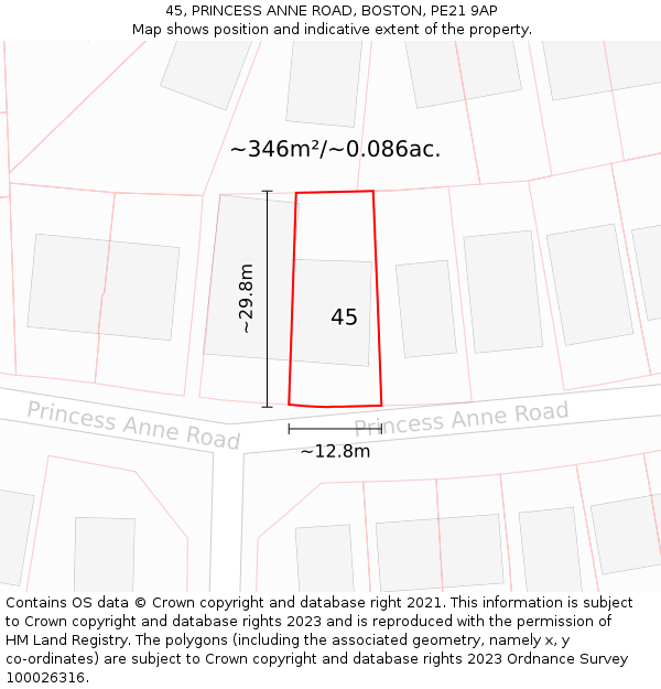 45, PRINCESS ANNE ROAD, BOSTON, PE21 9AP: Plot and title map