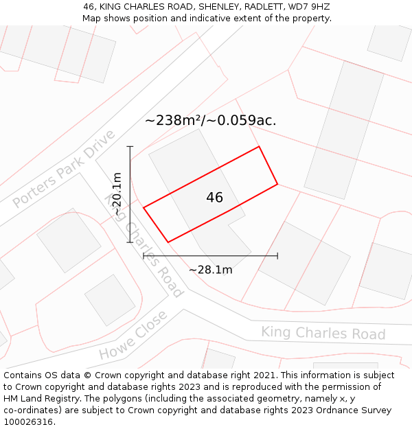 46, KING CHARLES ROAD, SHENLEY, RADLETT, WD7 9HZ: Plot and title map