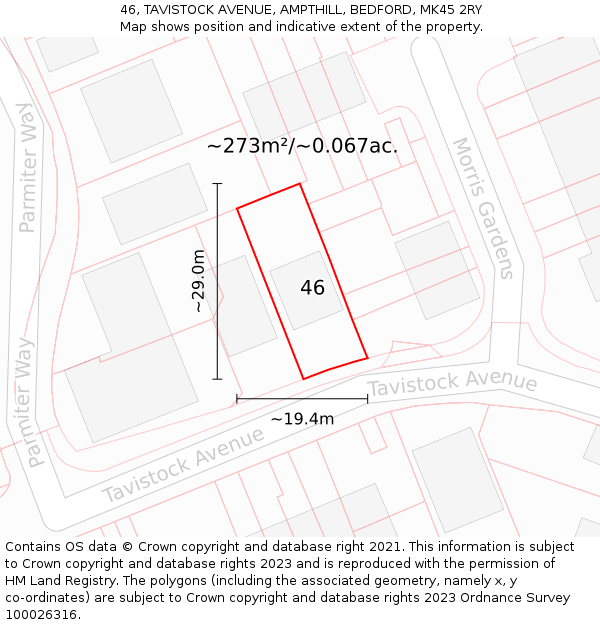 46, TAVISTOCK AVENUE, AMPTHILL, BEDFORD, MK45 2RY: Plot and title map