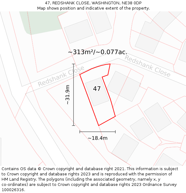 47, REDSHANK CLOSE, WASHINGTON, NE38 0DP: Plot and title map