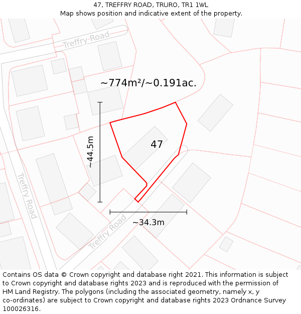 47, TREFFRY ROAD, TRURO, TR1 1WL: Plot and title map