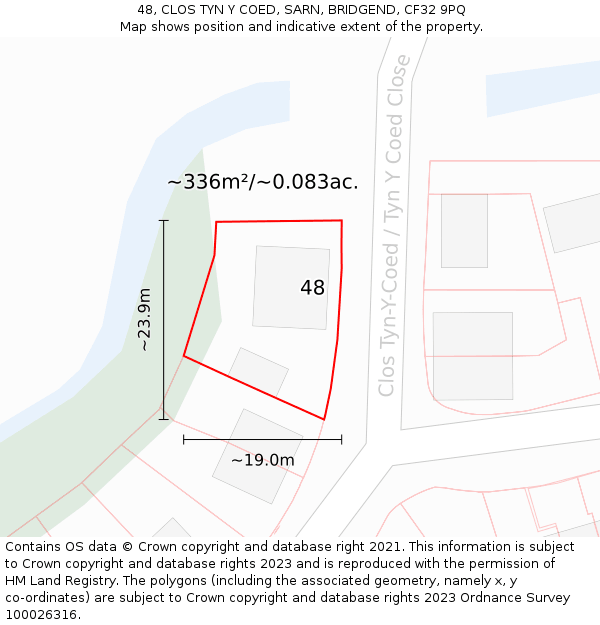 48, CLOS TYN Y COED, SARN, BRIDGEND, CF32 9PQ: Plot and title map