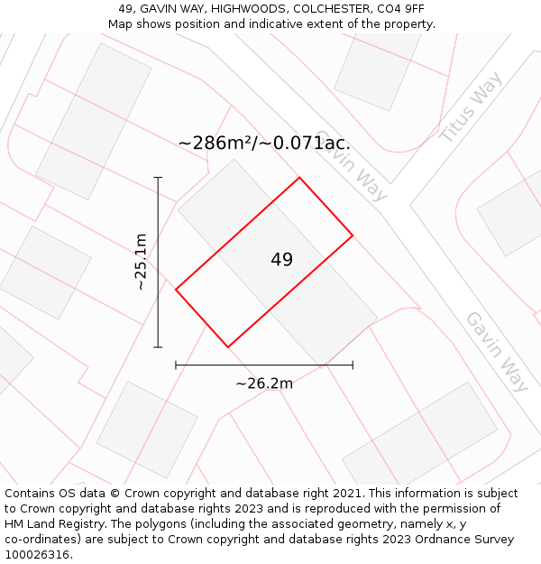 49, GAVIN WAY, HIGHWOODS, COLCHESTER, CO4 9FF: Plot and title map