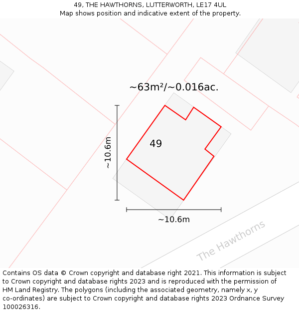 49, THE HAWTHORNS, LUTTERWORTH, LE17 4UL: Plot and title map