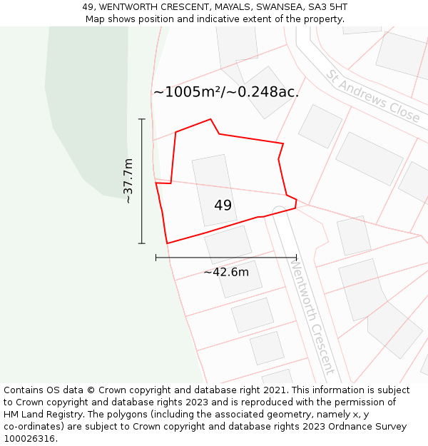 49, WENTWORTH CRESCENT, MAYALS, SWANSEA, SA3 5HT: Plot and title map