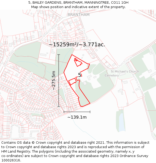 5, BAILEY GARDENS, BRANTHAM, MANNINGTREE, CO11 1GH: Plot and title map