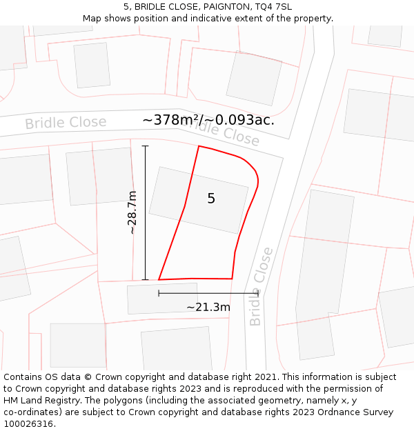 5, BRIDLE CLOSE, PAIGNTON, TQ4 7SL: Plot and title map