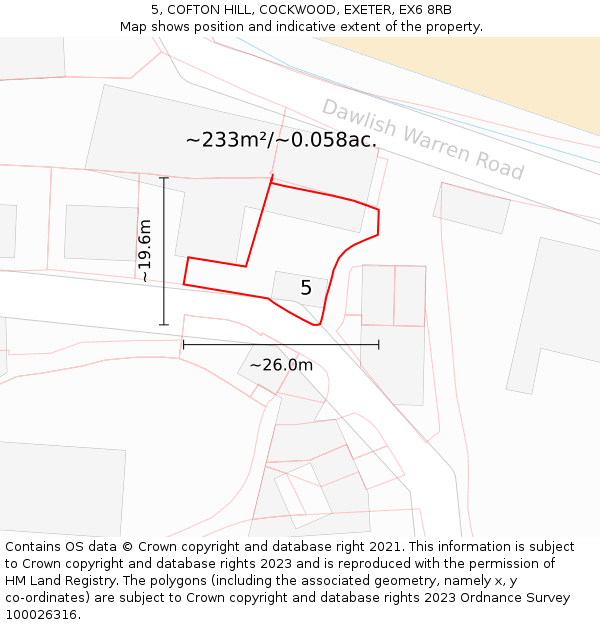 5, COFTON HILL, COCKWOOD, EXETER, EX6 8RB: Plot and title map