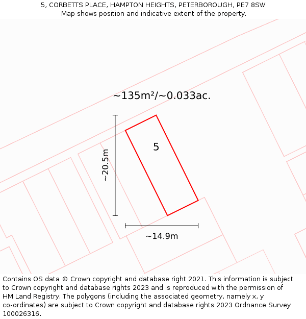 5, CORBETTS PLACE, HAMPTON HEIGHTS, PETERBOROUGH, PE7 8SW: Plot and title map