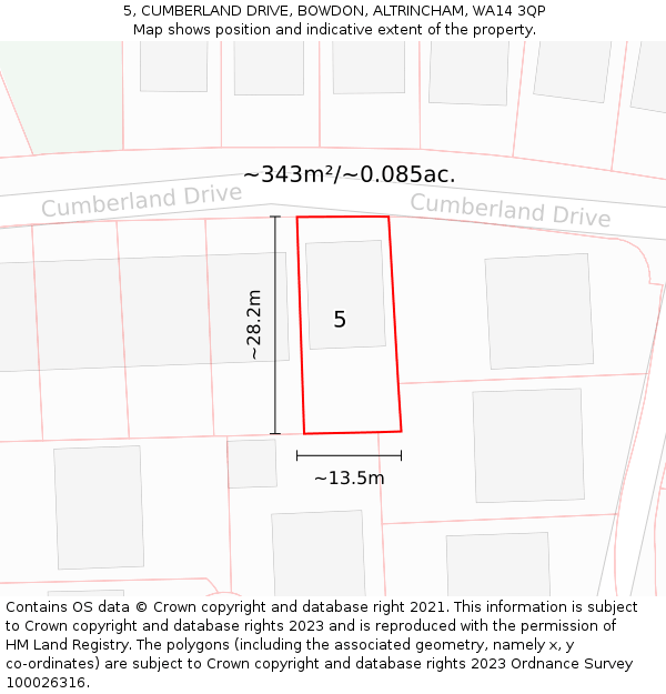 5, CUMBERLAND DRIVE, BOWDON, ALTRINCHAM, WA14 3QP: Plot and title map