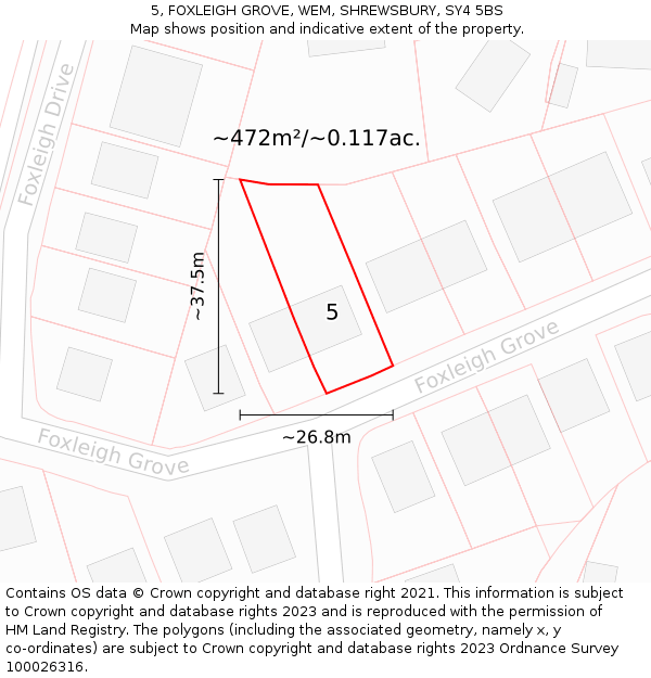 5, FOXLEIGH GROVE, WEM, SHREWSBURY, SY4 5BS: Plot and title map