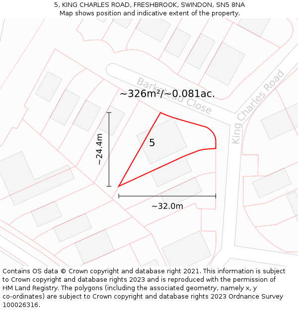 5, KING CHARLES ROAD, FRESHBROOK, SWINDON, SN5 8NA: Plot and title map