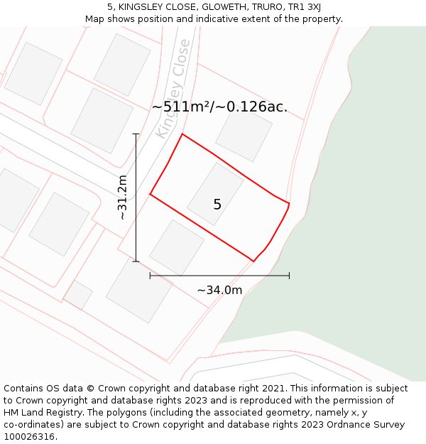 5, KINGSLEY CLOSE, GLOWETH, TRURO, TR1 3XJ: Plot and title map