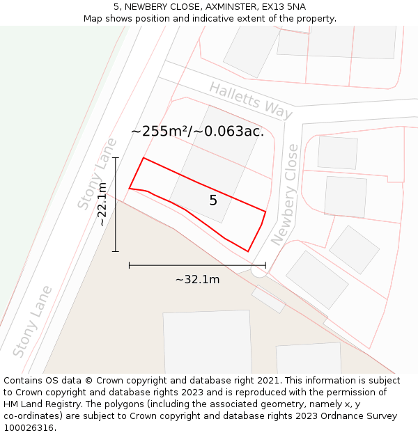 5, NEWBERY CLOSE, AXMINSTER, EX13 5NA: Plot and title map