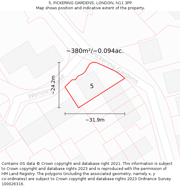 5, PICKERING GARDENS, LONDON, N11 3PP: Plot and title map