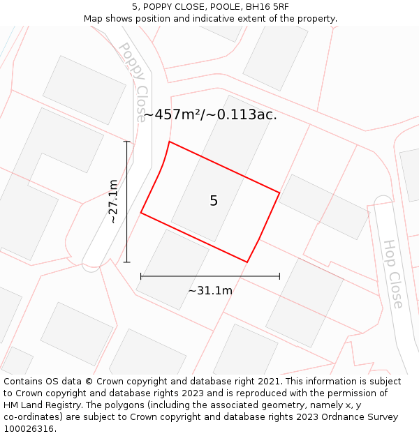 5, POPPY CLOSE, POOLE, BH16 5RF: Plot and title map