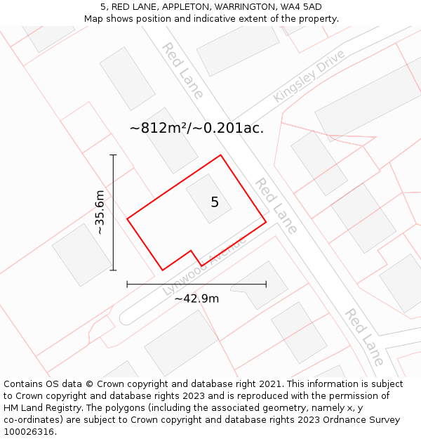 5, RED LANE, APPLETON, WARRINGTON, WA4 5AD: Plot and title map