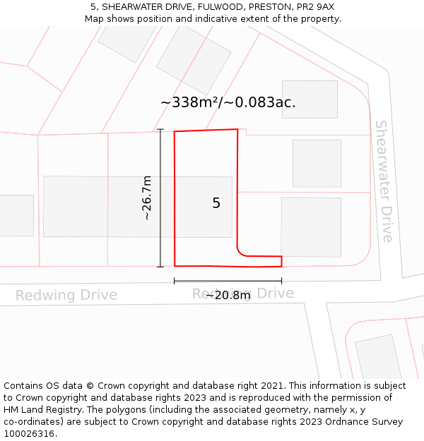 5, SHEARWATER DRIVE, FULWOOD, PRESTON, PR2 9AX: Plot and title map