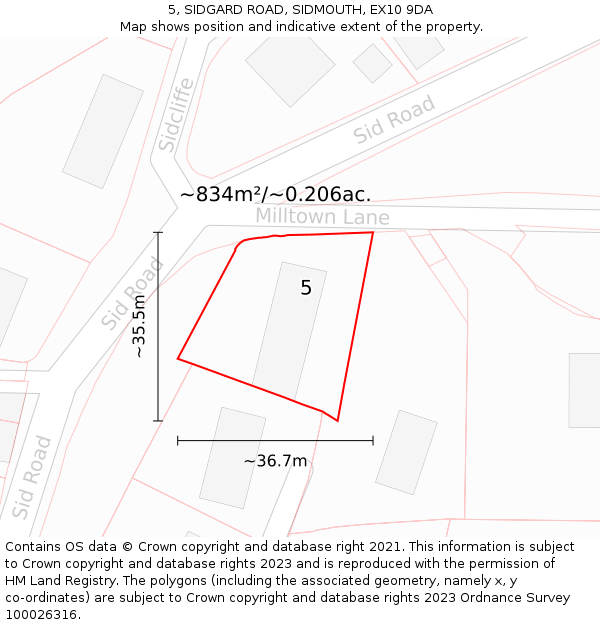 5, SIDGARD ROAD, SIDMOUTH, EX10 9DA: Plot and title map