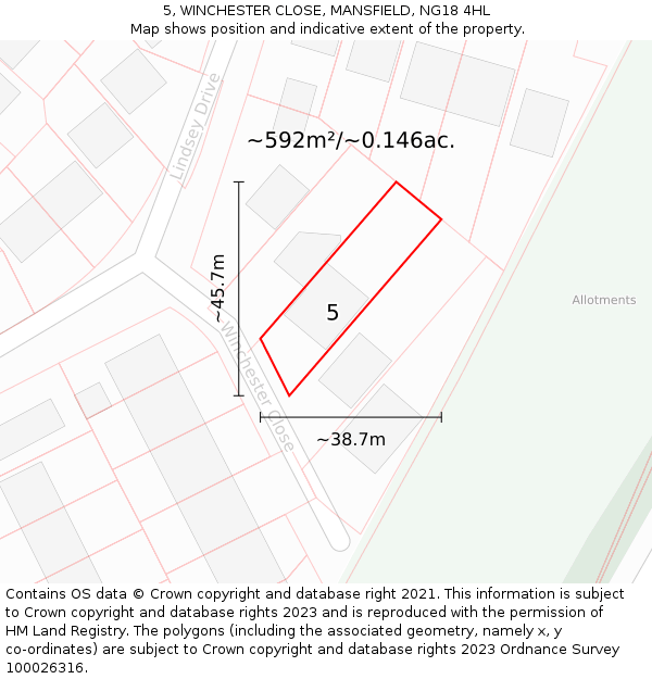 5, WINCHESTER CLOSE, MANSFIELD, NG18 4HL: Plot and title map