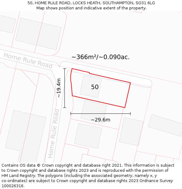 50, HOME RULE ROAD, LOCKS HEATH, SOUTHAMPTON, SO31 6LG: Plot and title map