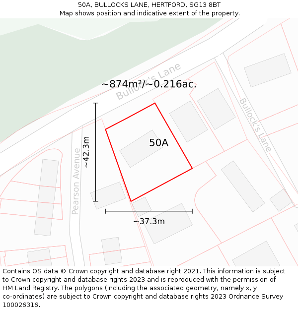 50A, BULLOCKS LANE, HERTFORD, SG13 8BT: Plot and title map