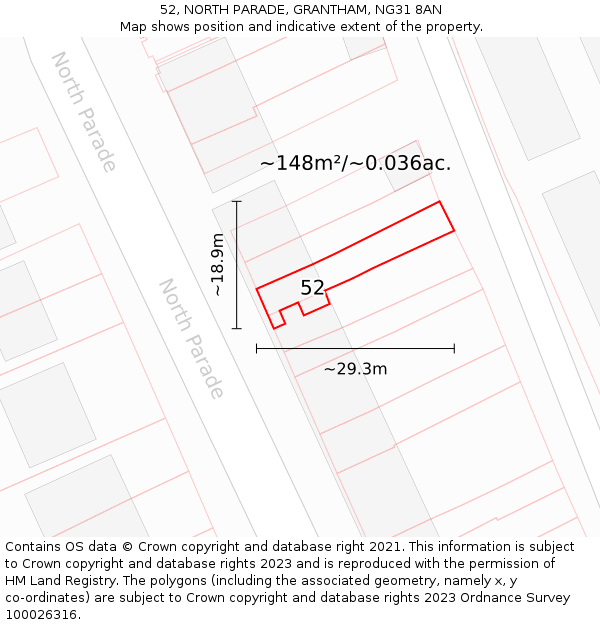 52, NORTH PARADE, GRANTHAM, NG31 8AN: Plot and title map