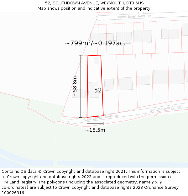 52, SOUTHDOWN AVENUE, WEYMOUTH, DT3 6HS: Plot and title map