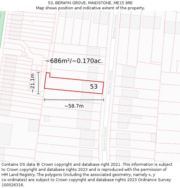 53, BERWYN GROVE, MAIDSTONE, ME15 9RE: Plot and title map