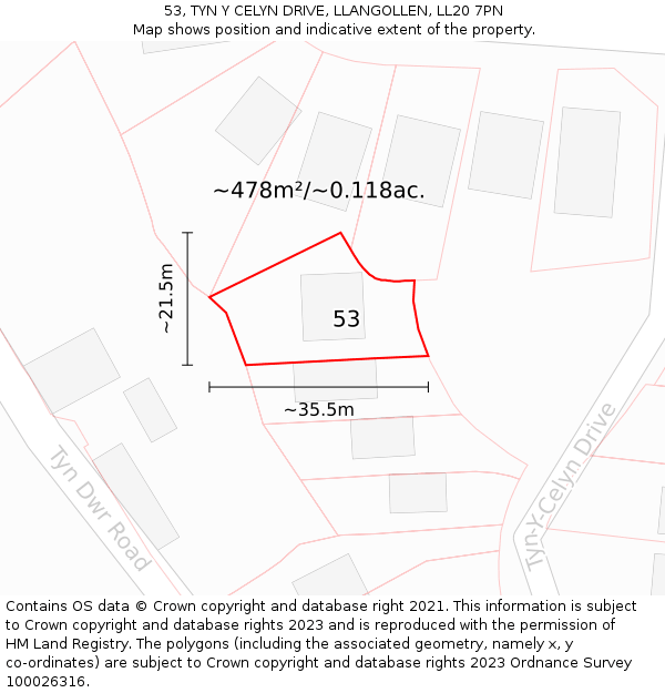 53, TYN Y CELYN DRIVE, LLANGOLLEN, LL20 7PN: Plot and title map