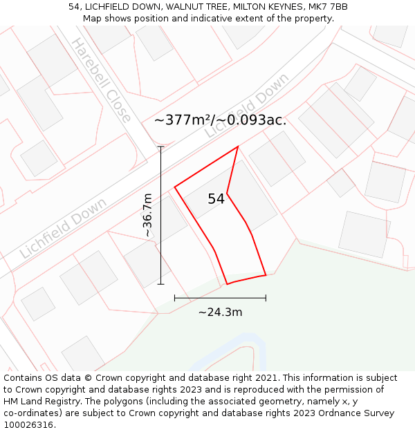 54, LICHFIELD DOWN, WALNUT TREE, MILTON KEYNES, MK7 7BB: Plot and title map