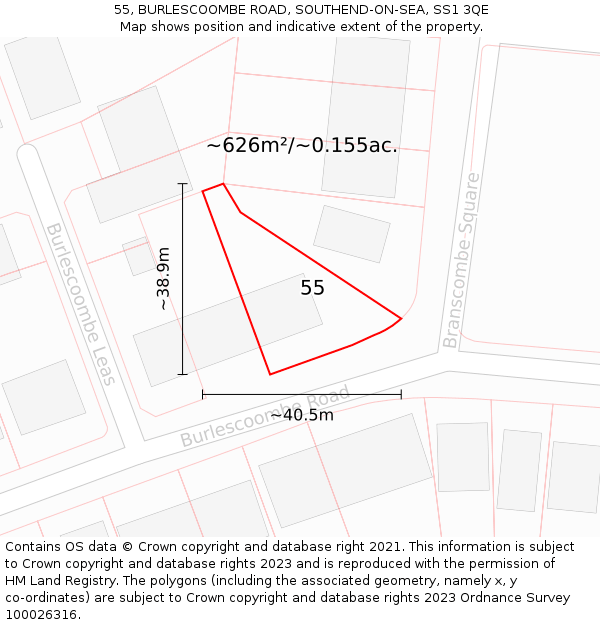 55, BURLESCOOMBE ROAD, SOUTHEND-ON-SEA, SS1 3QE: Plot and title map